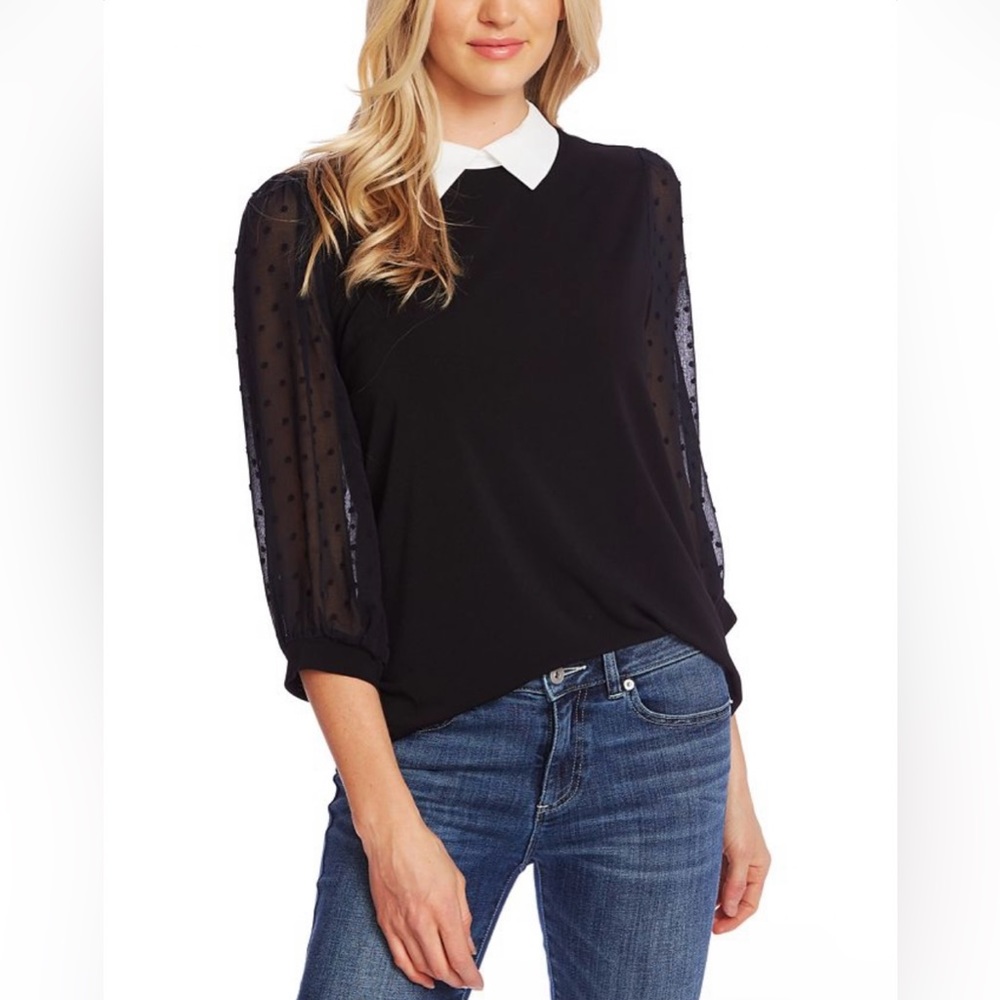 Collared Clip-Dot Long Sleeve Knit Top